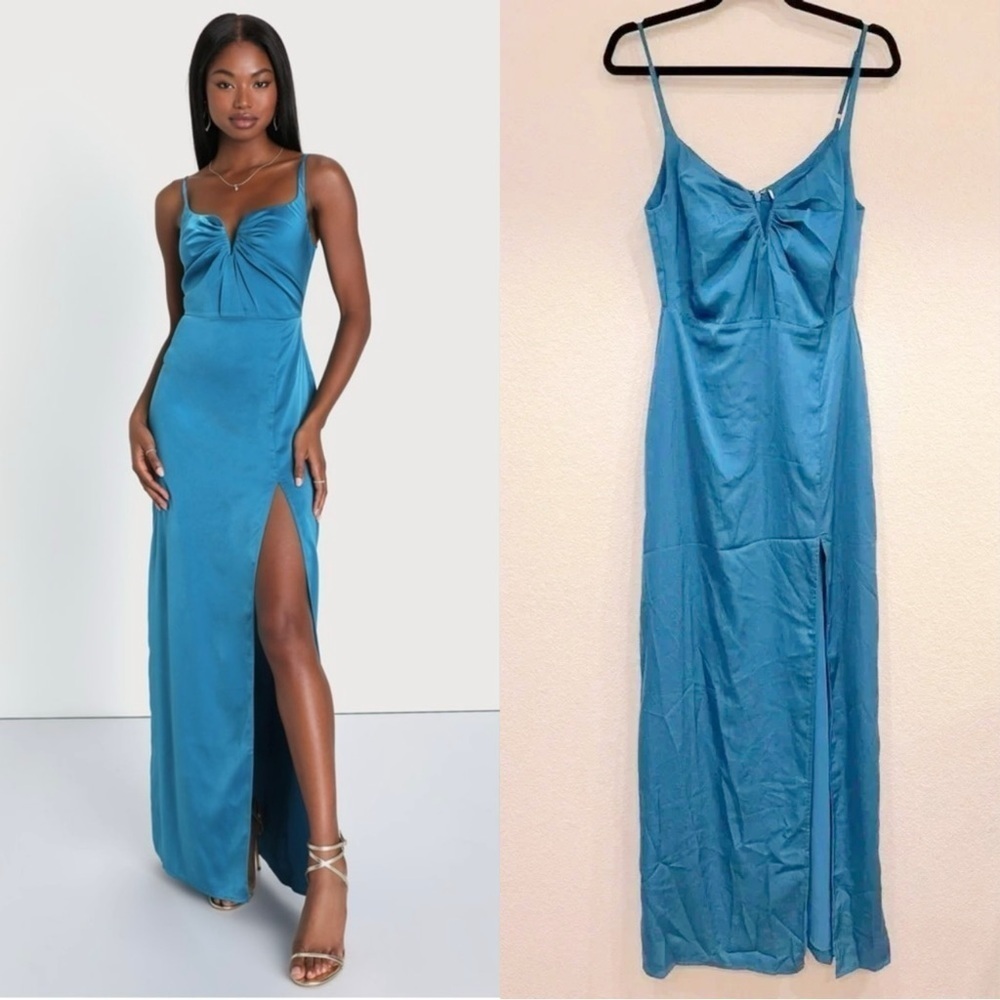 Size S - NWOT Lulus Lovely Drama Blue Satin Sleeveless‎ A-Line Maxi Dress
